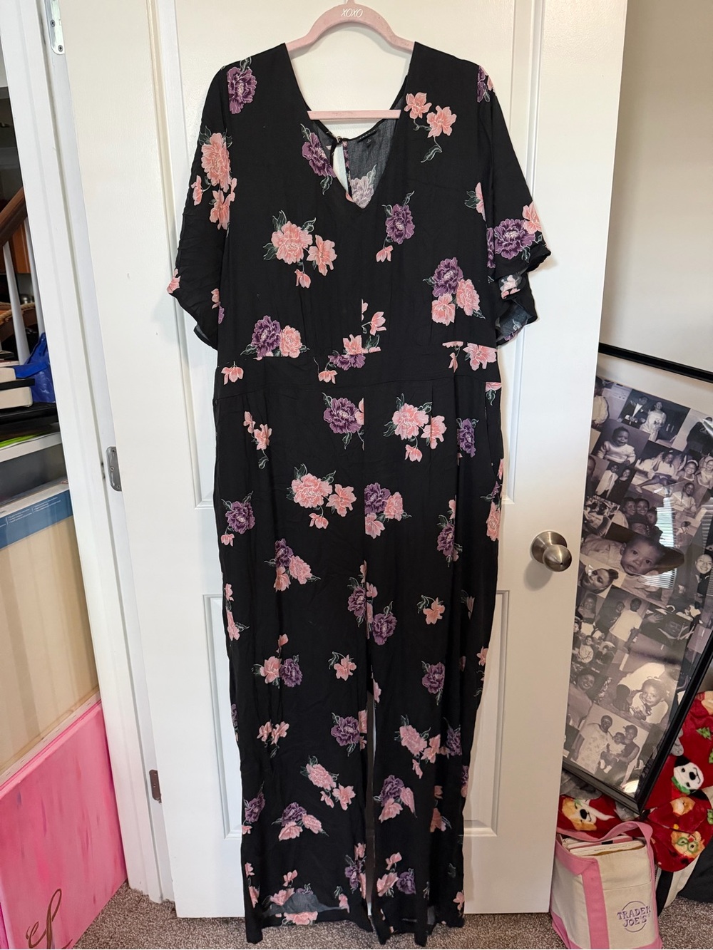 torrid Black Floral Maxi Jumpsuit with Pink & Purple Flowers